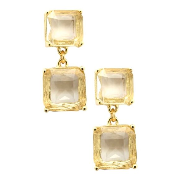 NWT Double Square Yellow Crystal Gold Frame Statement Dangle Drop Stud Earrings - Picture 1 of 7